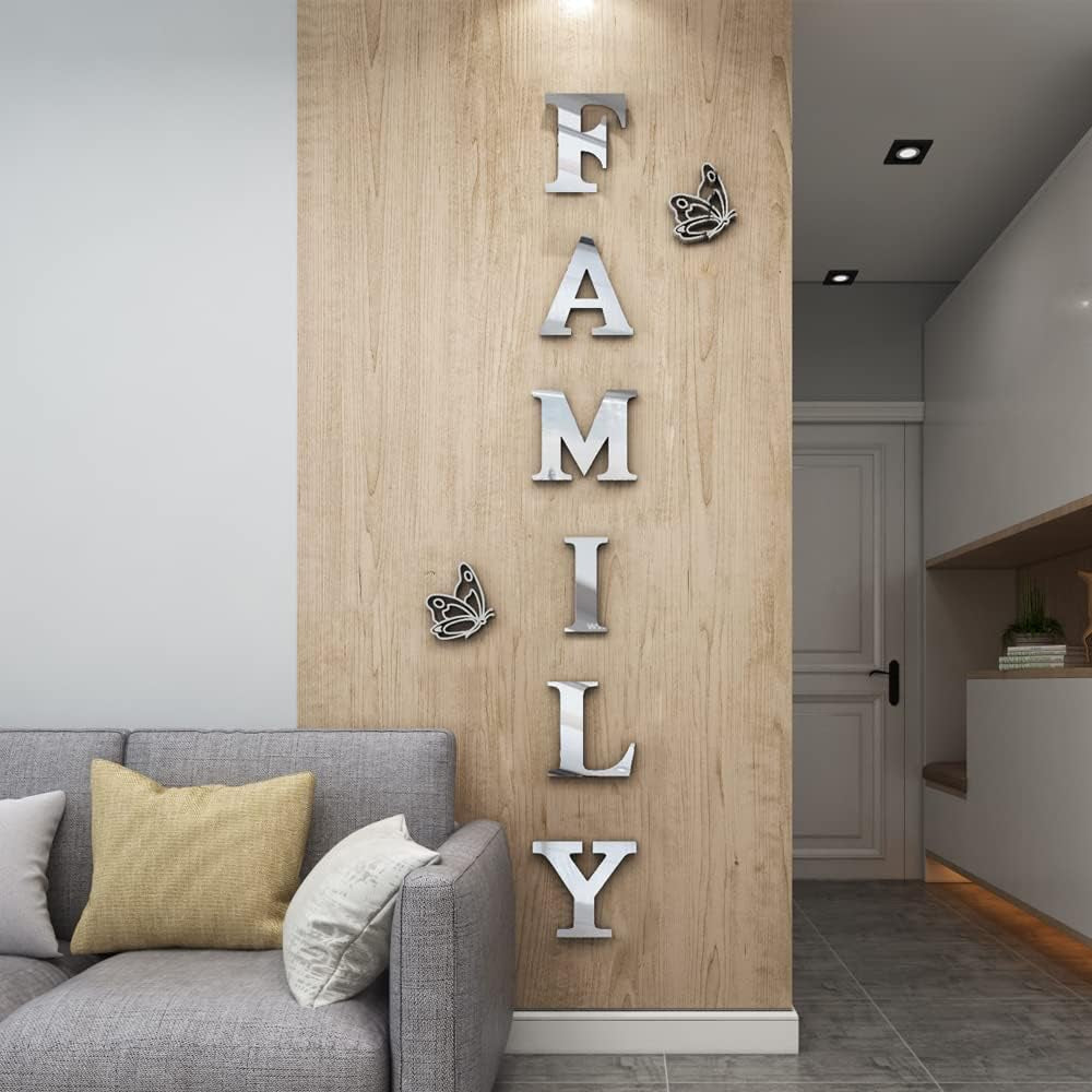Family Wall Decor Letter Signs Acrylic Mirror Wall Stickers Decorations for Living Room Bedroom Home Decor Wall Decals (Silver, 61 X 23)