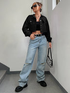 Ezwear Spring Outfits Drop Shoulder Flap Detail Crop Corduroy Jacket in Fall/Winter
