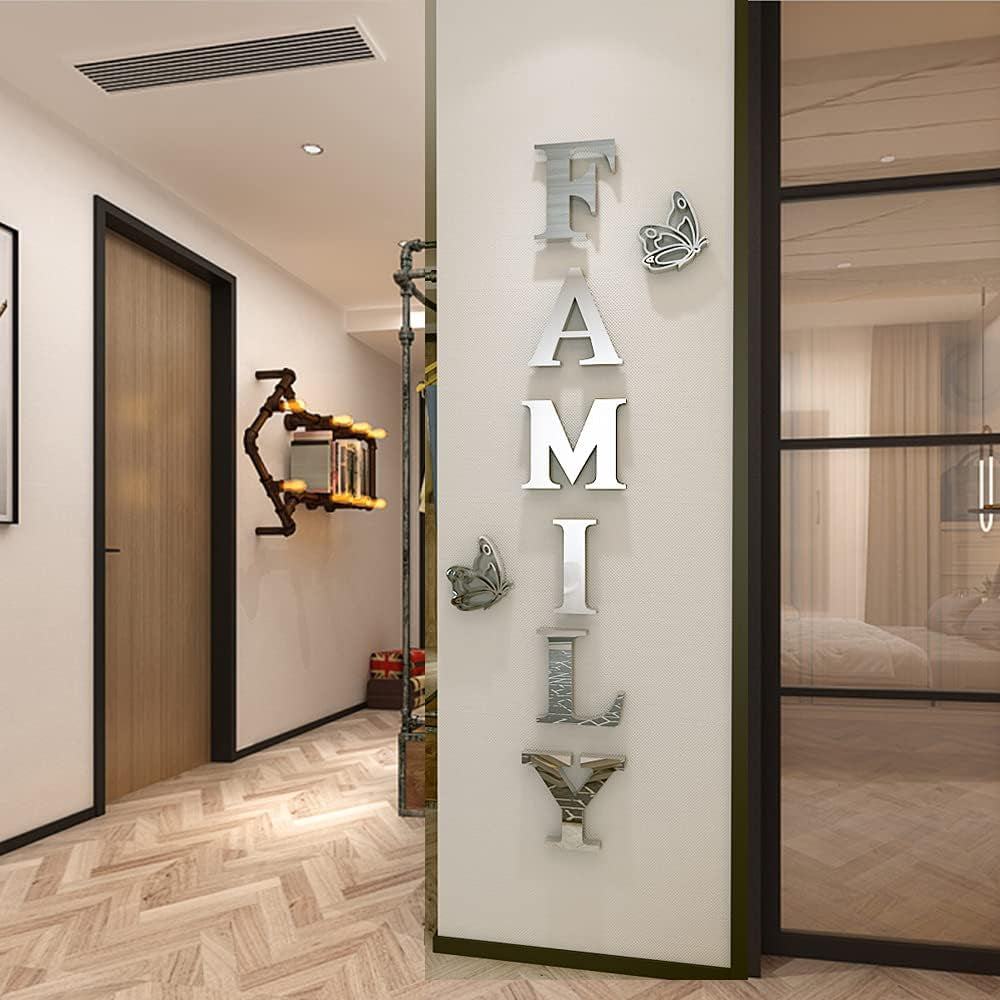 Family Wall Decor Letter Signs Acrylic Mirror Wall Stickers Decorations for Living Room Bedroom Home Decor Wall Decals (Silver, 61 X 23)