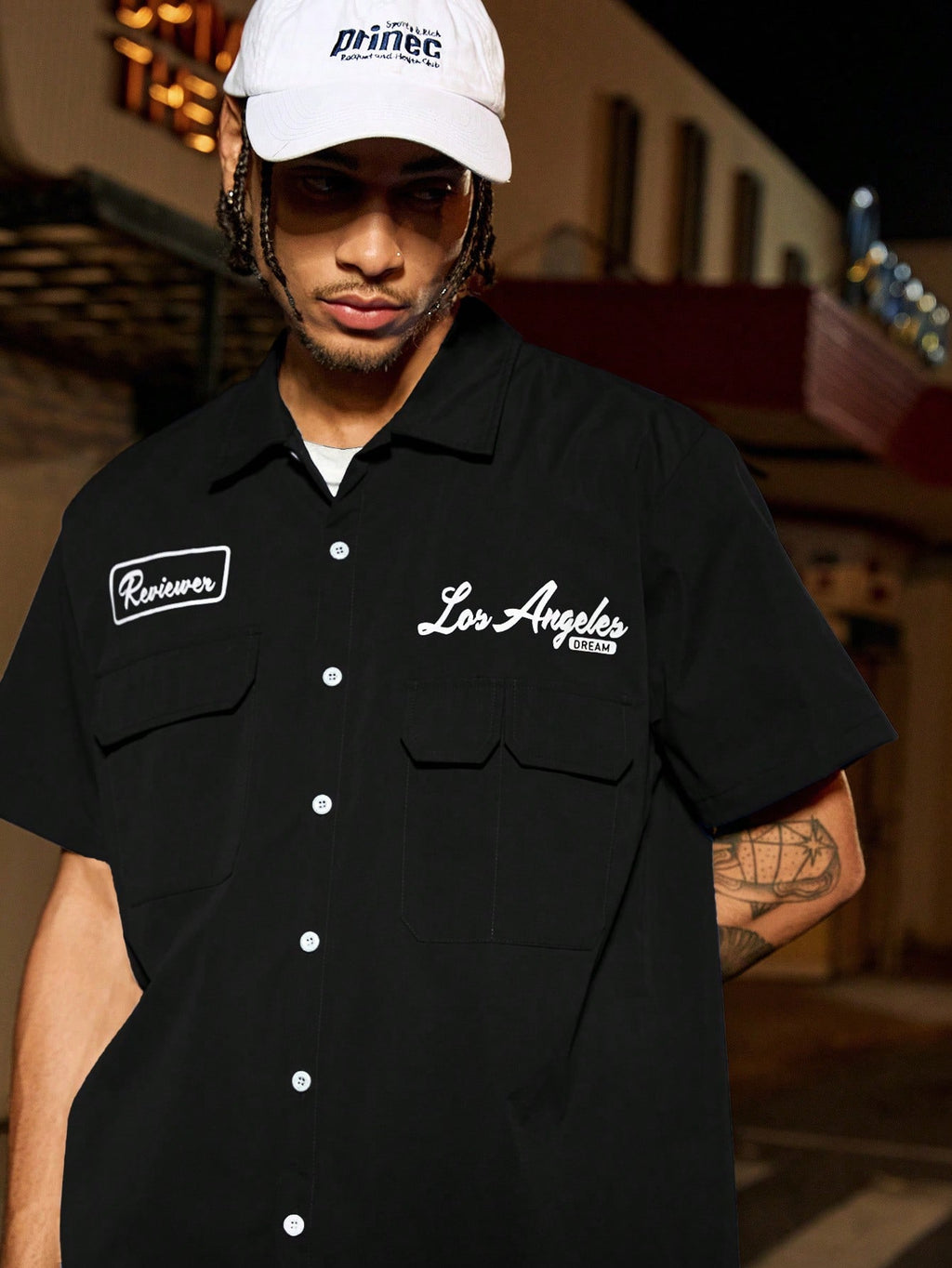 PAVTROS Manfinity Streetrush Manfinity Streetrush Men'S Loose Fit Utility Pocket Design Casual Shirt, Blue Button-Up Short Sleeve Shirt, Multi Pocket Casual Shirt, Graphic Los Angeles Reviewer Mechanic Shirt