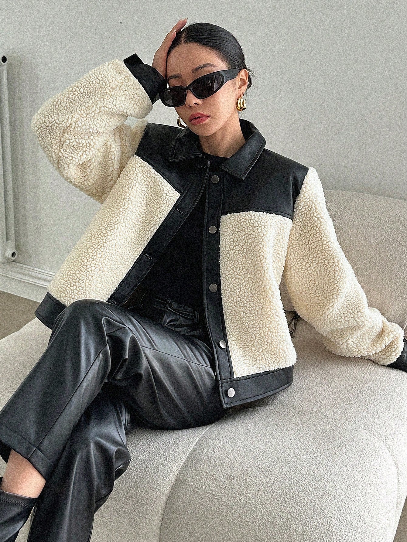 DAZY Women'S Autumn/Winter Patchwork Sherpa Casual Single-Breasted Jacket