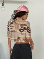 Coolane Women'S round Neck Cropped Newspaper Print Mesh Short Sleeve T-Shirt