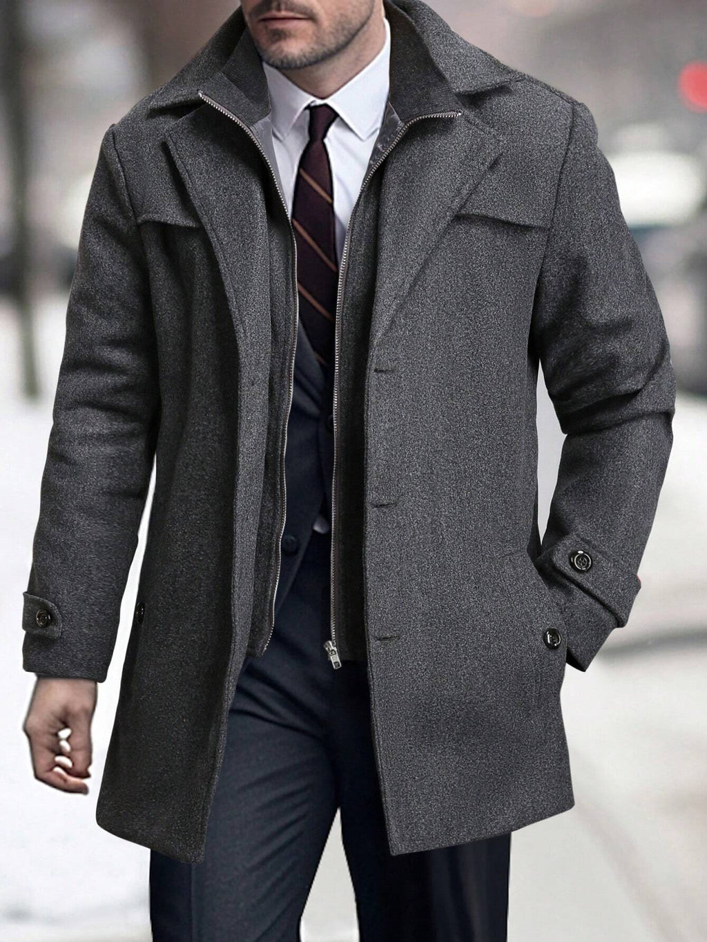 Manfinity Mode Men'S Solid Color Zip Front Casual Loose Autumn Going Out Casual Dark Grey Overcoat, for Friends, Husband, Boyfriend Gifts, Old Money Style