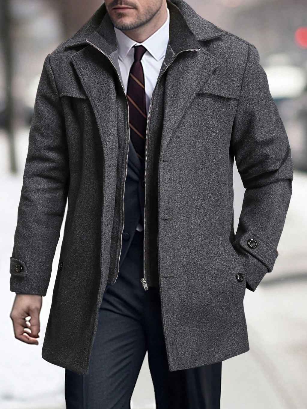 Manfinity Mode Men'S Solid Color Zip Front Casual Loose Autumn Going Out Casual Dark Grey Overcoat, for Friends, Husband, Boyfriend Gifts, Old Money Style