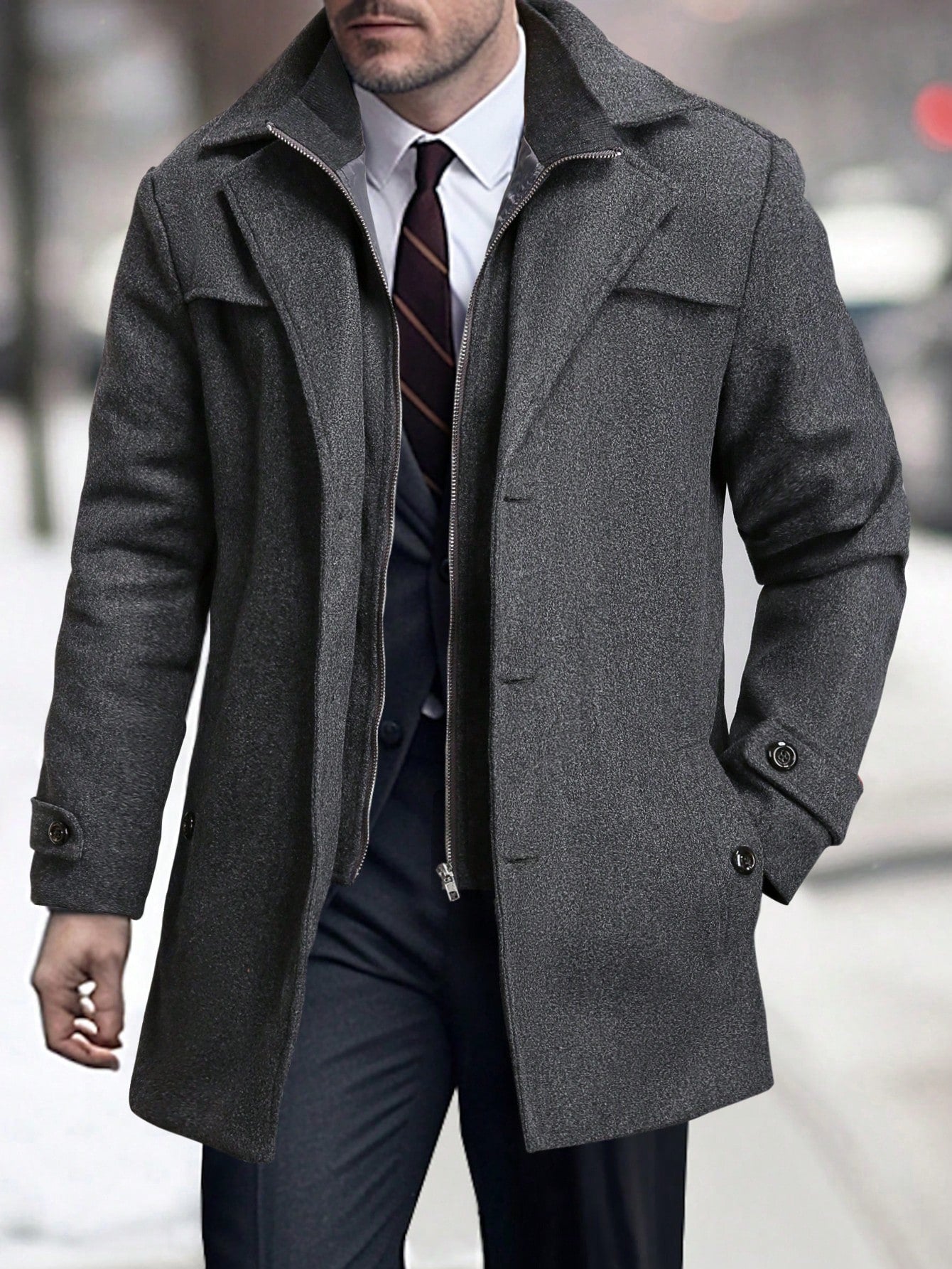 Manfinity Mode Men'S Solid Color Zip Front Casual Loose Autumn Going Out Casual Dark Grey Overcoat, for Friends, Husband, Boyfriend Gifts, Old Money Style