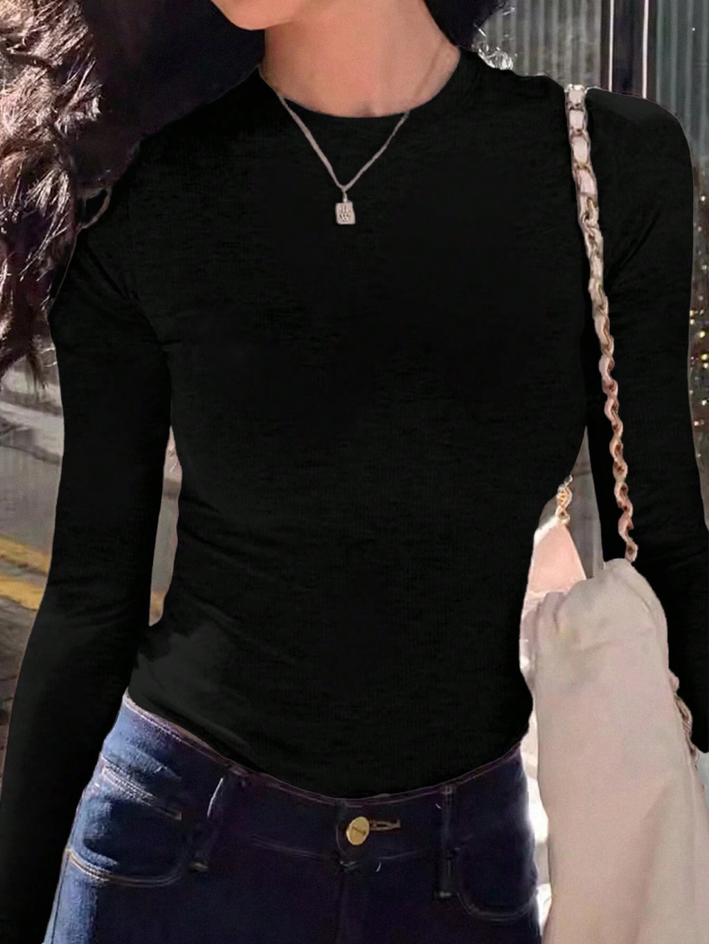 INAWLY Women'S Solid Black Crew Neck Long Sleeve Simple T-Shirt, Casual Everyday Wear Fall Cloth for Women