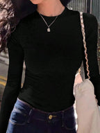 INAWLY Women'S Solid Black Crew Neck Long Sleeve Simple T-Shirt, Casual Everyday Wear Fall Cloth for Women