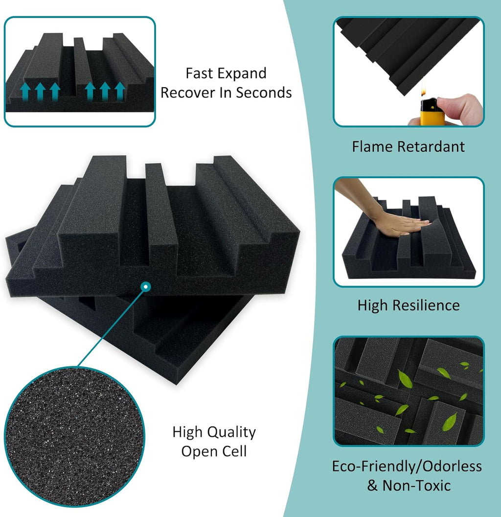 Thickened 12 X 12 X 3 Inch Acoustic Foam Panels in Diffusion Pattern, 32 Pcs High Density Sound Absorbing Foam Diffuser, Soundproof 3D Wall Padding Tiles for Recording Studio Home Office