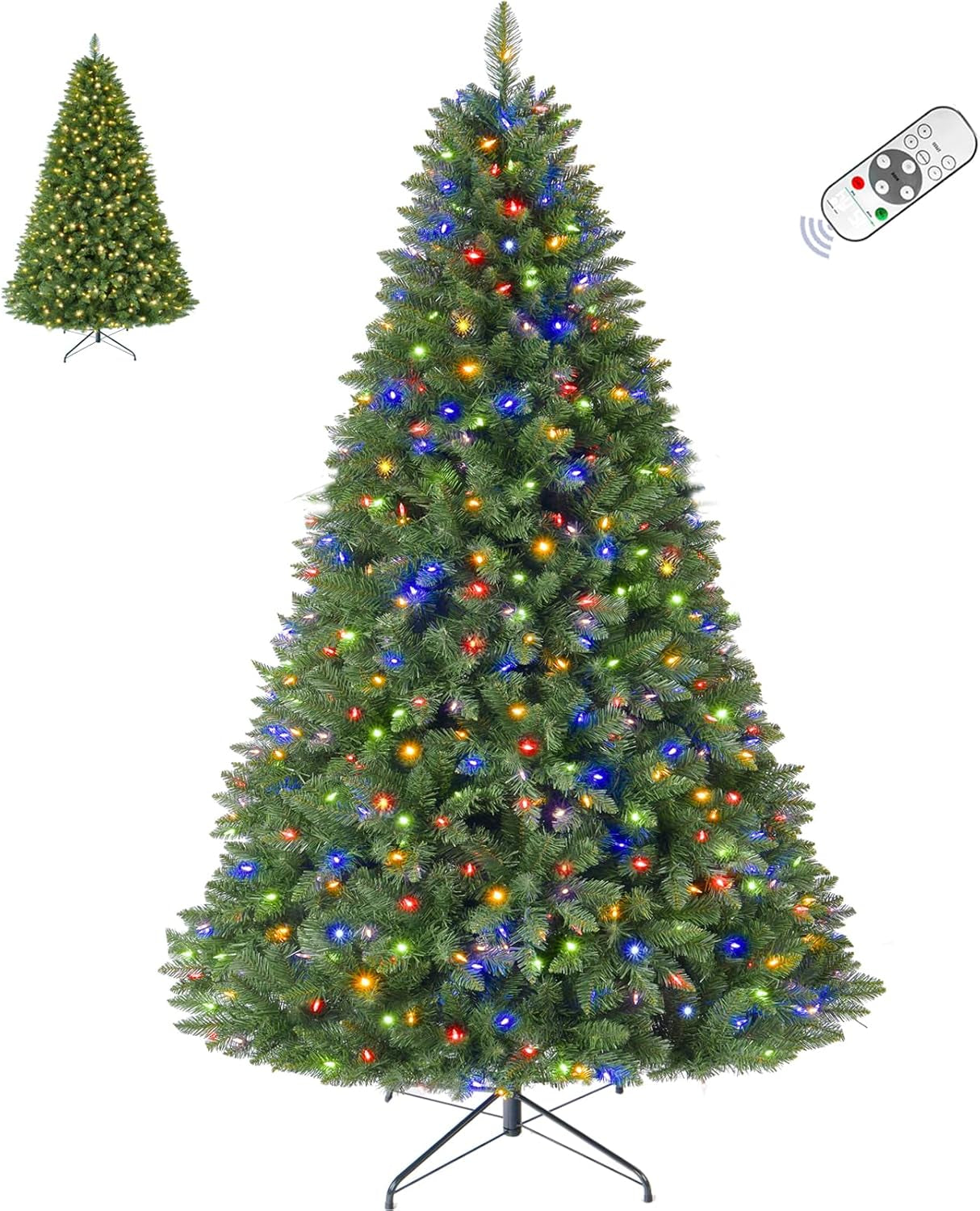 7.5 FT Pre-Lit Christmas Tree Spruce with Remote Control, 450 Warm White Multi-Color Changing LED Lights, Artificial Hinged/Feel Real/Realistic for Home, Holiday Decoration Dual Color LED