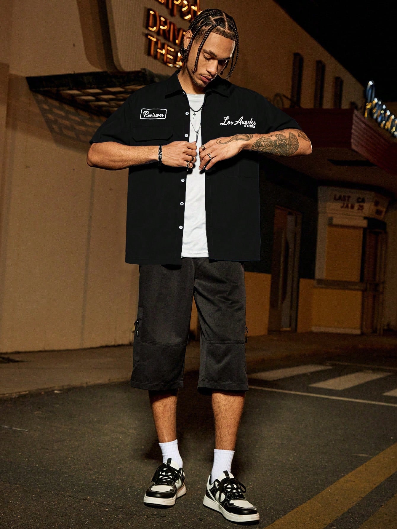 PAVTROS Manfinity Streetrush Manfinity Streetrush Men'S Loose Fit Utility Pocket Design Casual Shirt, Blue Button-Up Short Sleeve Shirt, Multi Pocket Casual Shirt, Graphic Los Angeles Reviewer Mechanic Shirt