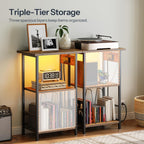 Record Player Stand with Charging Station and LED, Turntable Stand with Storage, 3 Tier End Table Hold up to 100 Albums, Record Table for Vinyl, Living Room, Rustic Brown and Black BF06UDRS01