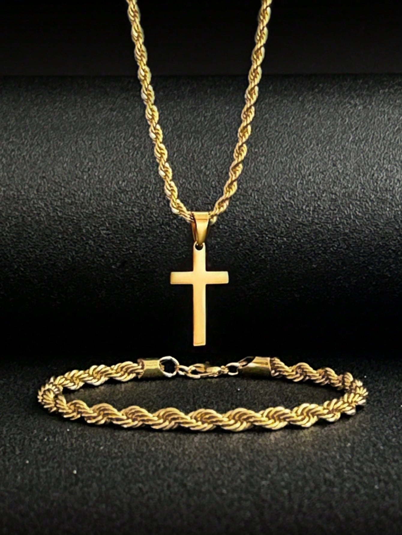 2 Pieces of Simple and Fashionable Stainless Steel Twist Bracelet, Twist Rope Cross Pendant Necklace, Exquisite Gifts, for Friends and Family, Suitable for Parties and Daily Wear