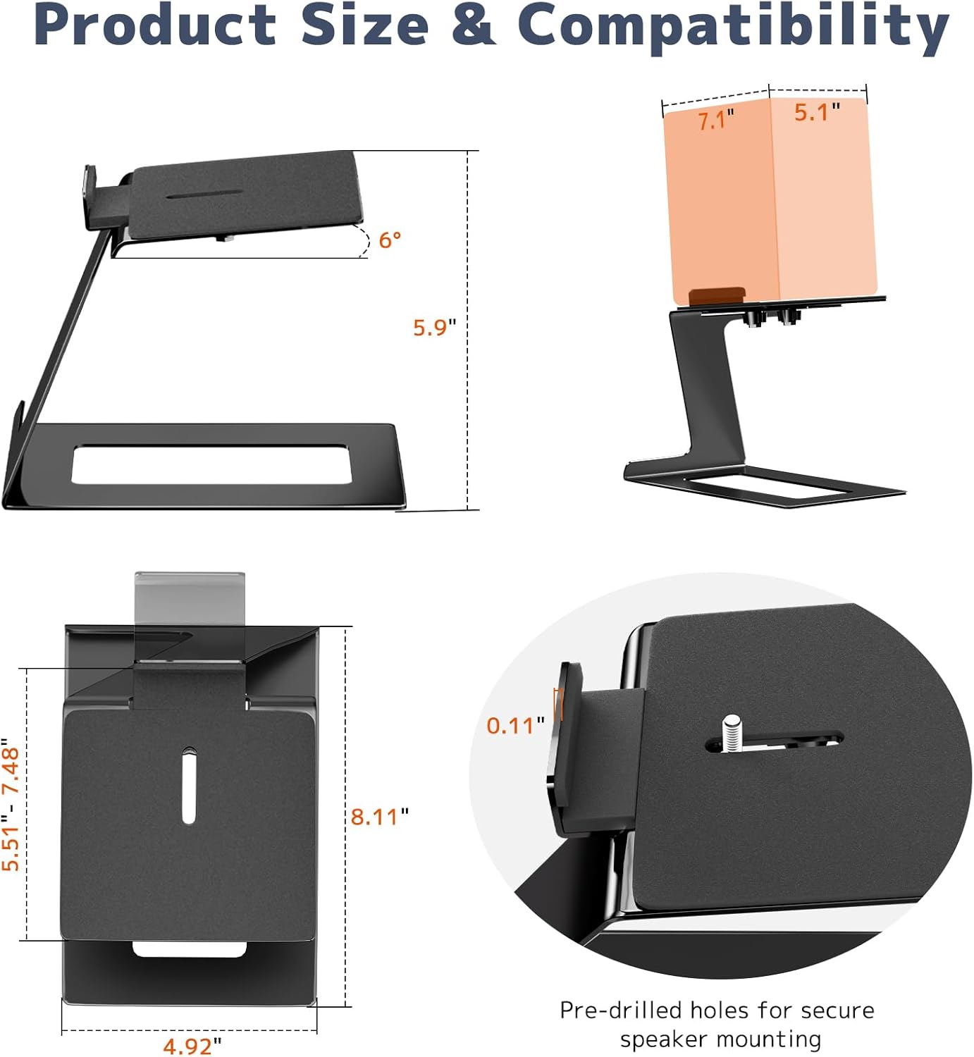 Desktop Speaker Stands Pair, Speaker Riser for Most Small & Medium Bookshelf Speakers, Computer Speakers, and Studio Monitors, Cantilevered Speaker Stand with Vibration Absorption Pad, Black
