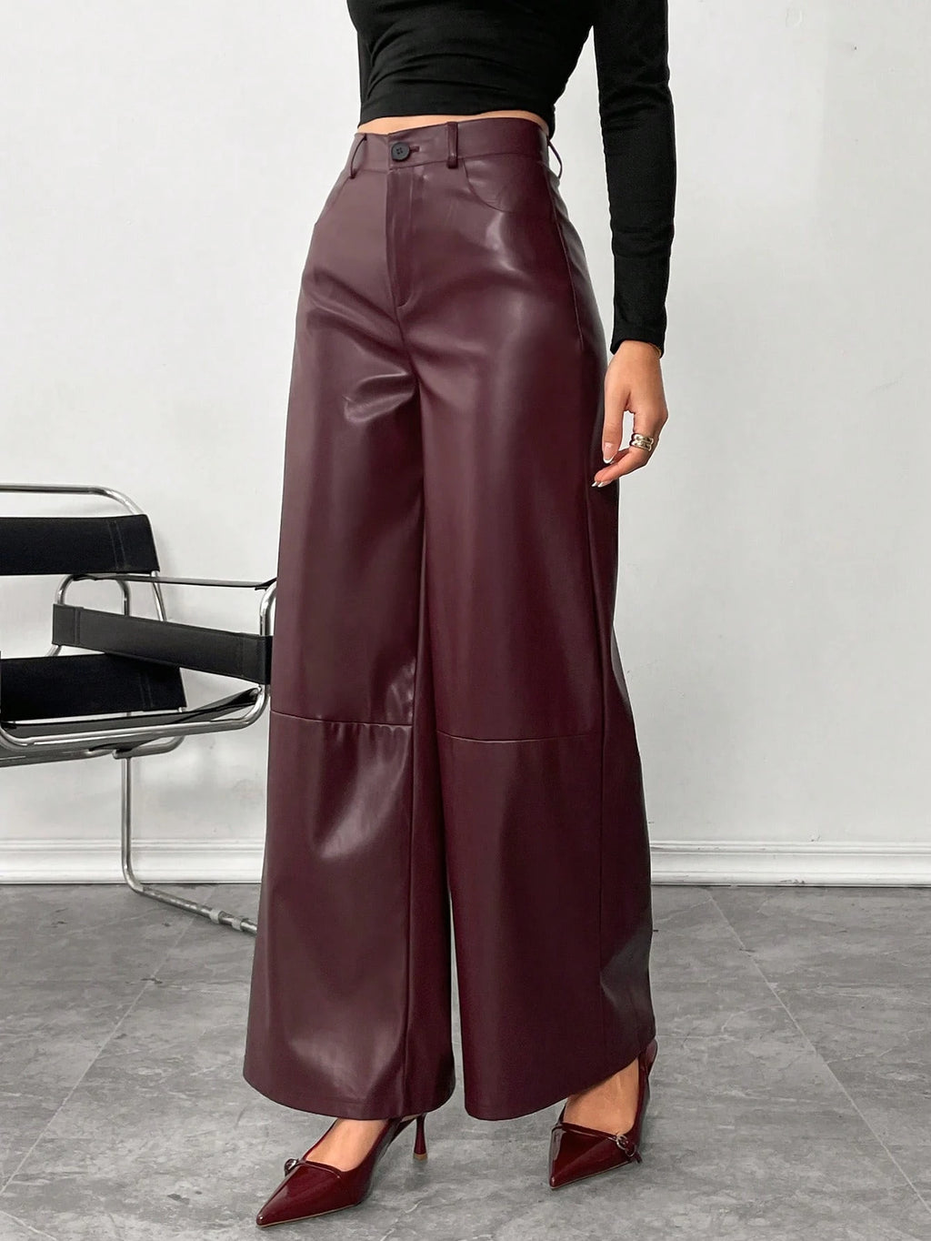 Siren Gaze Women'S Burgundy Red Leather Women Pants Plain Front-Button Minimalist Casual Pants, Daily Wear, Women Bottoms