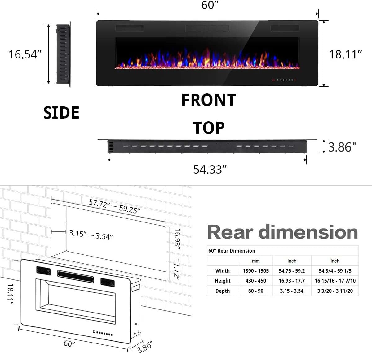 60" Recessed and Wall Mounted Electric Fireplace, Low Noise, Fit for 2 X 6 Stud, Remote Control with Timer, Touch Screen, Adjustable Flame Color and Speed, 750-1500W