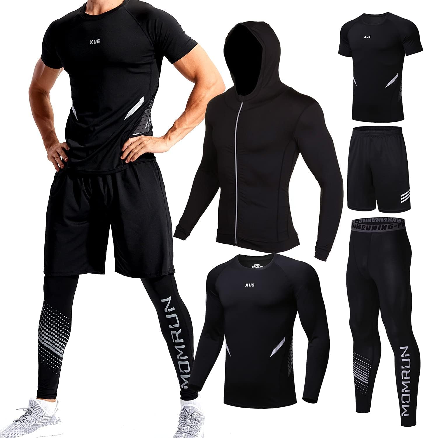 5PCS Workout Sets Incluir Compression Shirt Pants Hoodie Jacket for Men Outdoor Sports Running Indoor Fitness
