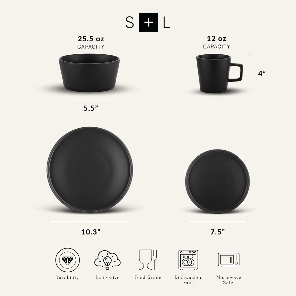 Celina Stoneware 16 Piece Dinnerware Set, Plates and Bowls, Black Matte Dish, Service for 4 – Minimalist round Style, Microwave & Dishwasher Safe