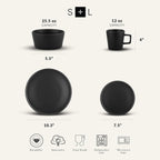 Celina Stoneware 16 Piece Dinnerware Set, Plates and Bowls, Black Matte Dish, Service for 4 – Minimalist round Style, Microwave & Dishwasher Safe