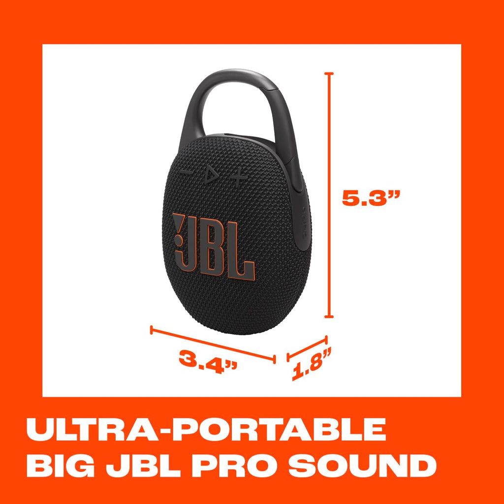 Clip 5 - Ultra-Portable, Waterproof & Dustproof Bluetooth Speaker, Big Pro Sound with Punchy Bass, Integrated Carabiner, up to 12 Hours of Play, Made in Part with Recycled Materials (Black)