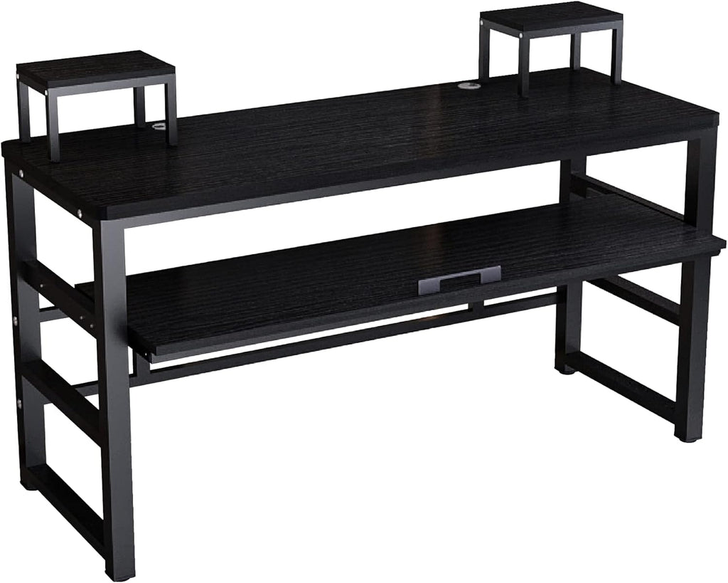 Music Studio Recording Desk with 1 Piano Keyboard Tray, Music Production Workstation, Home Office Furniture Wooden Table (Black Board + Black Frame, 63 Inches)