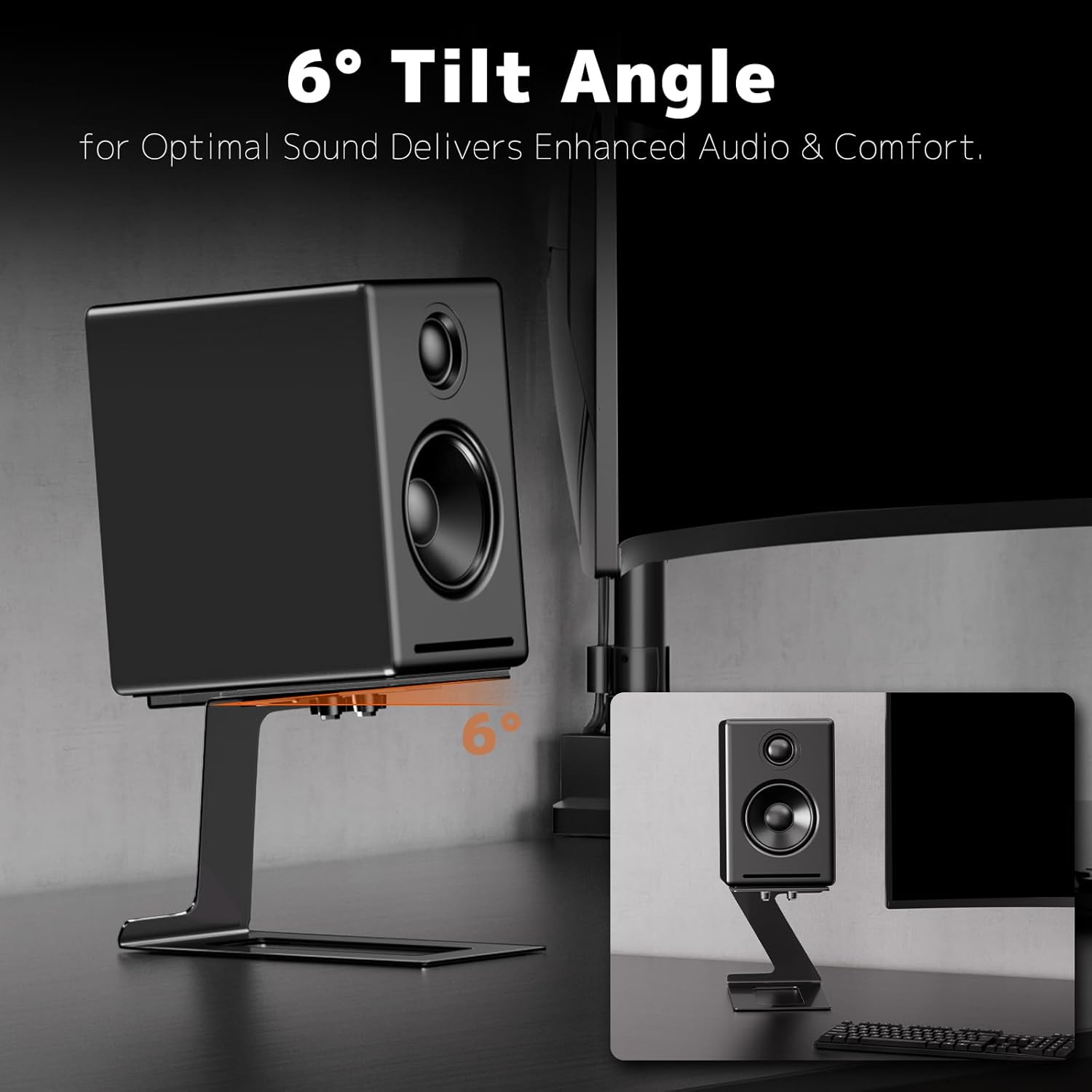 Desktop Speaker Stands Pair, Speaker Riser for Most Small & Medium Bookshelf Speakers, Computer Speakers, and Studio Monitors, Cantilevered Speaker Stand with Vibration Absorption Pad, Black
