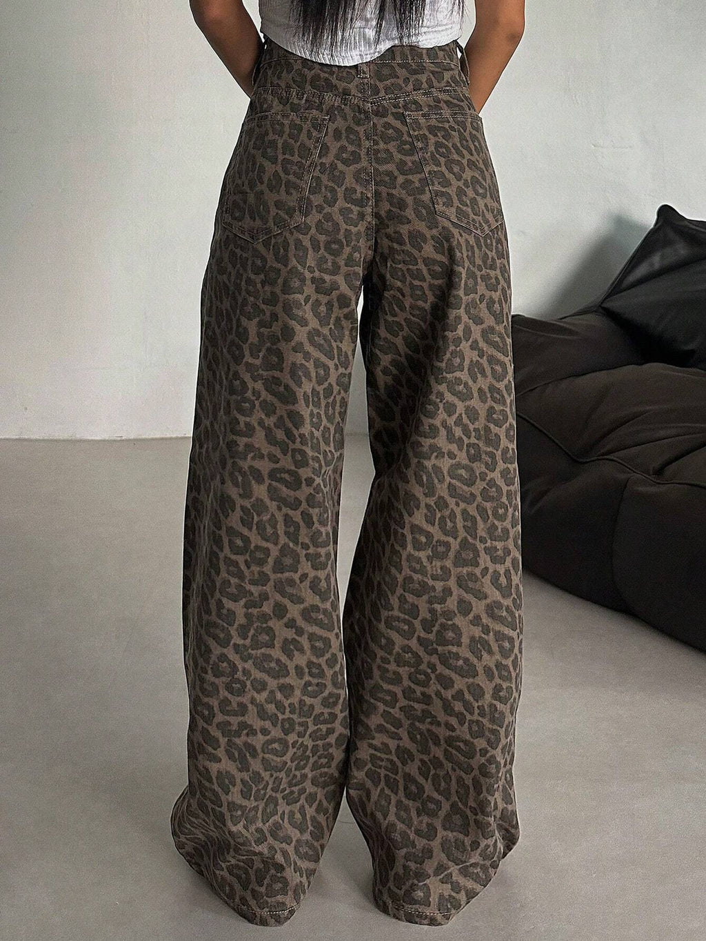 DAZY Women'S Leopard Print Loose Pocket Casual Versatile Denim Jeans Y2K