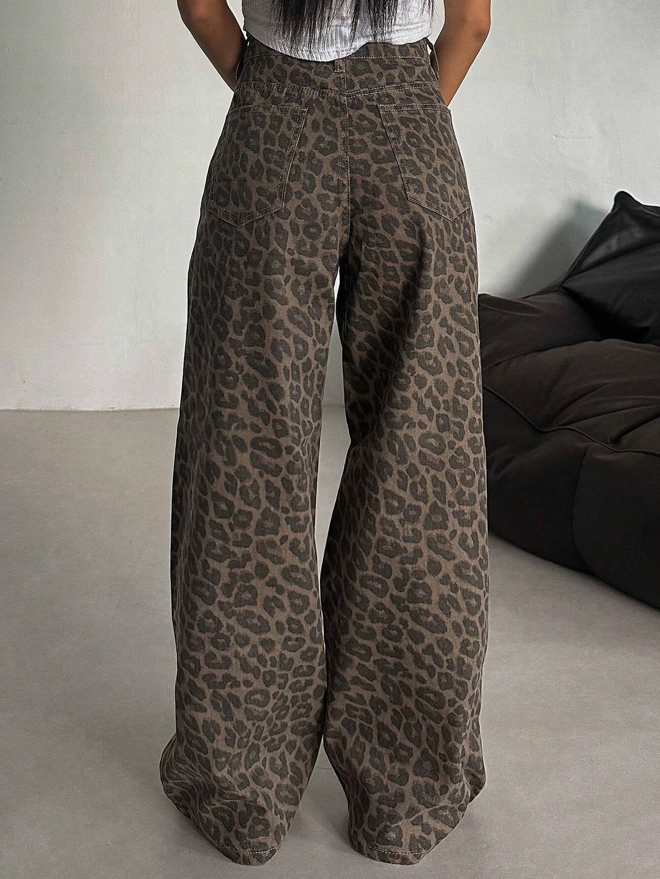DAZY Women'S Leopard Print Loose Pocket Casual Versatile Denim Jeans Y2K
