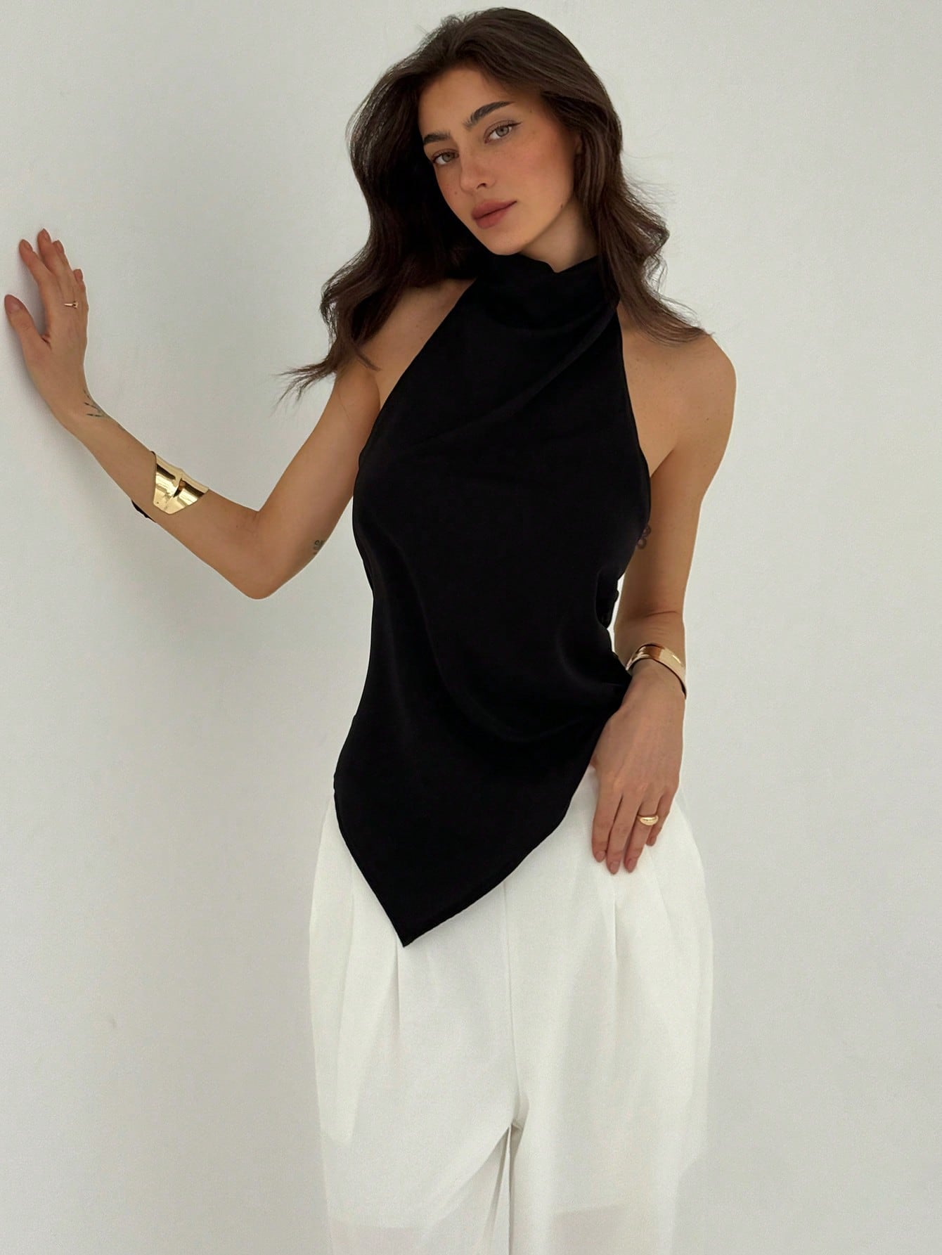 Aloruh Women'S Solid Color Asymmetrical Hem Halter Neck Top,Rave Top