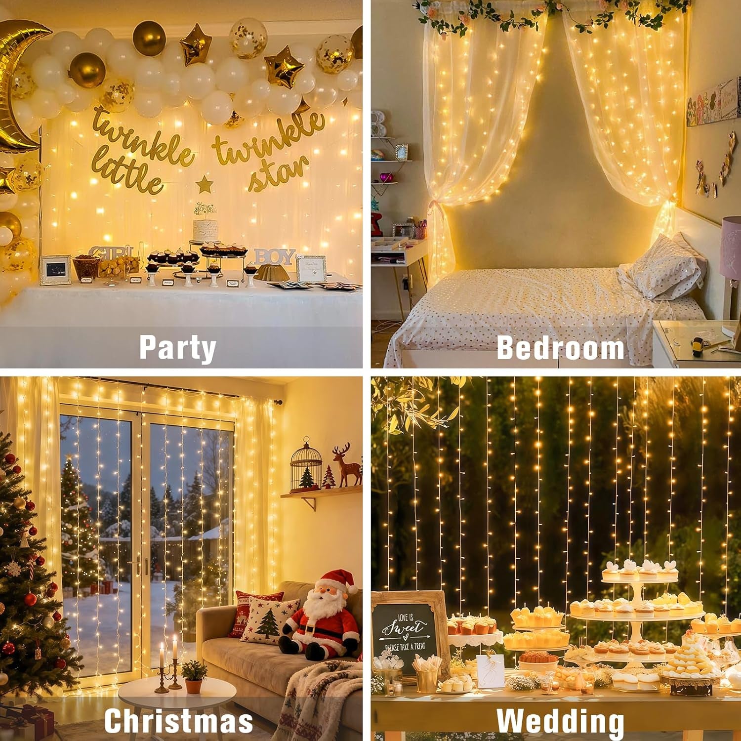 300 LED Remote Control Christmas Curtain Lights, Plug in Fairy Curtain Lights Outdoor, Window Wall Hanging String Lights for Bedroom Backdrop Wedding Party Indoor Patio Xmas Decor, Warm White