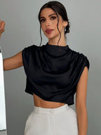 Firerie Women'S Solid Color Stand Collar Blouse with Pleats,Ladies Casual,Elegant Ruched Cap Sleeve Stand Collar Regular Fit Crop Black Batwing Sleeve Top Women Blouses,Spring/Summer,Casual Daily Wear