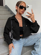 Ezwear Spring Outfits Drop Shoulder Flap Detail Crop Corduroy Jacket in Fall/Winter