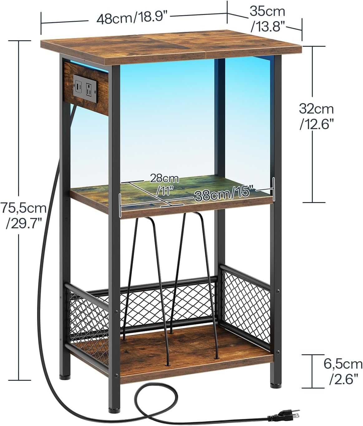 Record Player Stand with Charging Station and LED, Turntable Stand with Storage, 3 Tier End Table Hold up to 100 Albums, Record Table for Vinyl, Living Room, Rustic Brown and Black BF06UDRS01