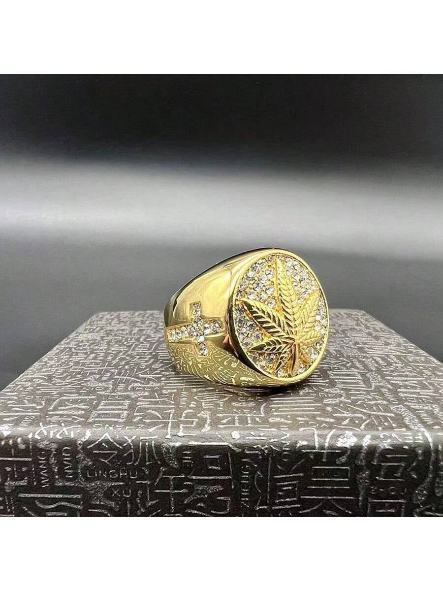Hip Hop Maple Leaf Rhinestone Men'S Ring - Hip Hop Style Alloy Single Ring with Rhinestone Mosaic, Non-Plated Fashion Jewelry Statement Piece - for Men - Suitable for Parties & Everyday Wear - Perfect Gift for Fashion Lovers