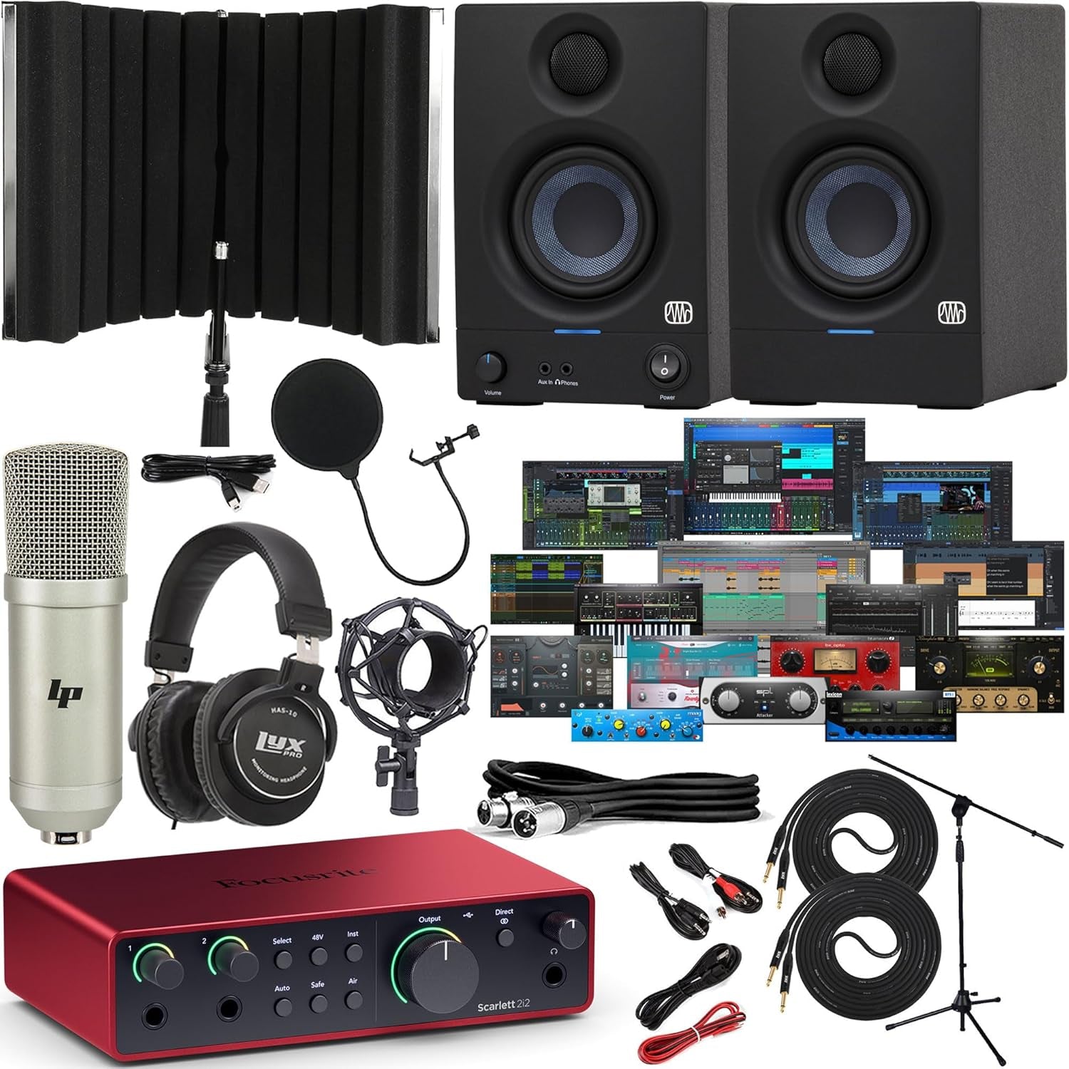 Scarlett 2I2 4Th Gen USB Audio Interface Bundle with New Designed Eris 3.5 Studio Monitors with Exclusive Creative Music Production Software Kit & Sound Isolation Recording Shield