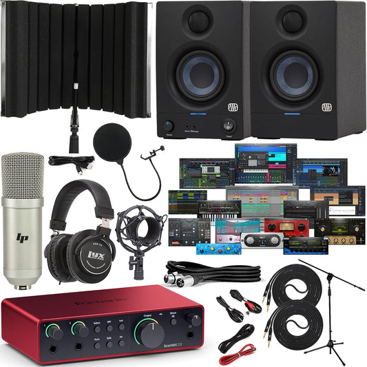 Scarlett 2I2 4Th Gen USB Audio Interface Bundle with New Designed Eris 3.5 Studio Monitors with Exclusive Creative Music Production Software Kit & Sound Isolation Recording Shield
