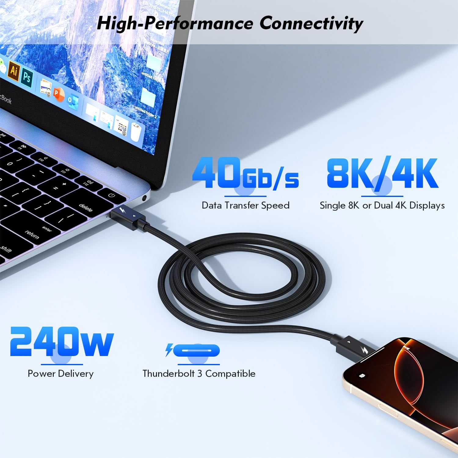 Thunderbolt 4 Cable, 6.6FT Long USB C Data Cord, Support 40Gbps/240W Fast Charging/8K Display for USB4, Thunderbolt 3 Cable, Flexible 6.6Foot USBC to USB C Woven Cables for Iphone 16/15, Macbook, Ipad