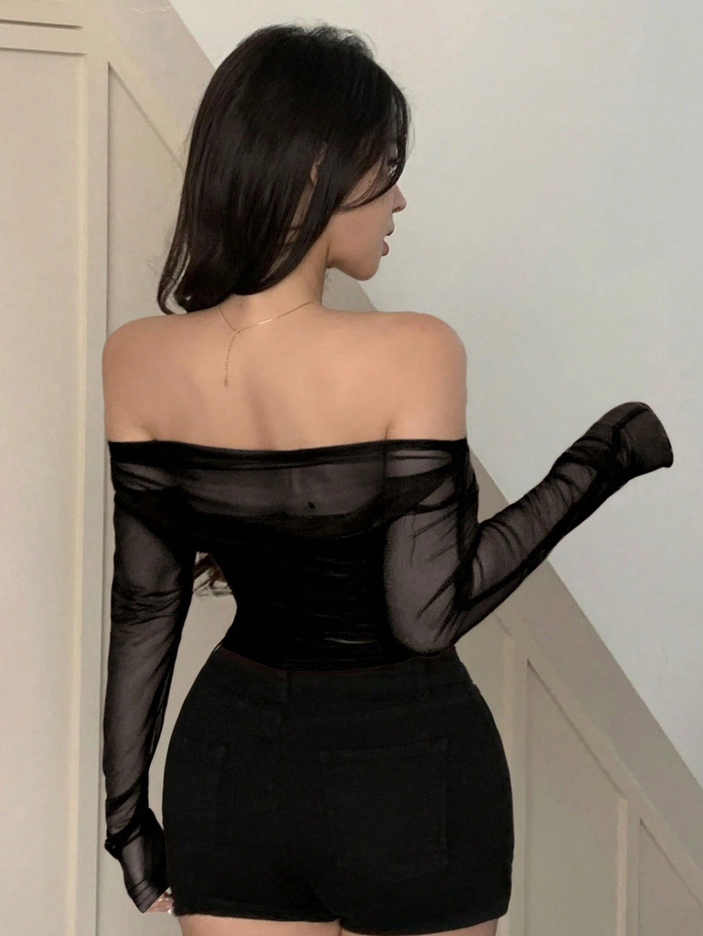 DAZY Women'S Elastic Mesh Sheer Off-Shoulder Top, Spring/Summer Long Sleeve Women Tops