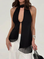 Aloruh Women Sexy Asymmetric Hem Backless Halter Neck Top,Rave Top