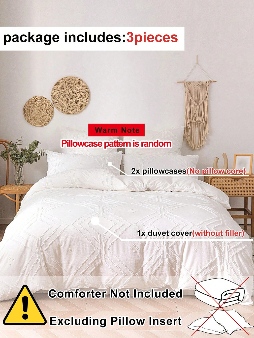 3Pcs Plaid Cut Flowers Polyester Fiber Duvet Cover Set, Simple Japanese Style White Polyester Duvet Cover for All Seasons