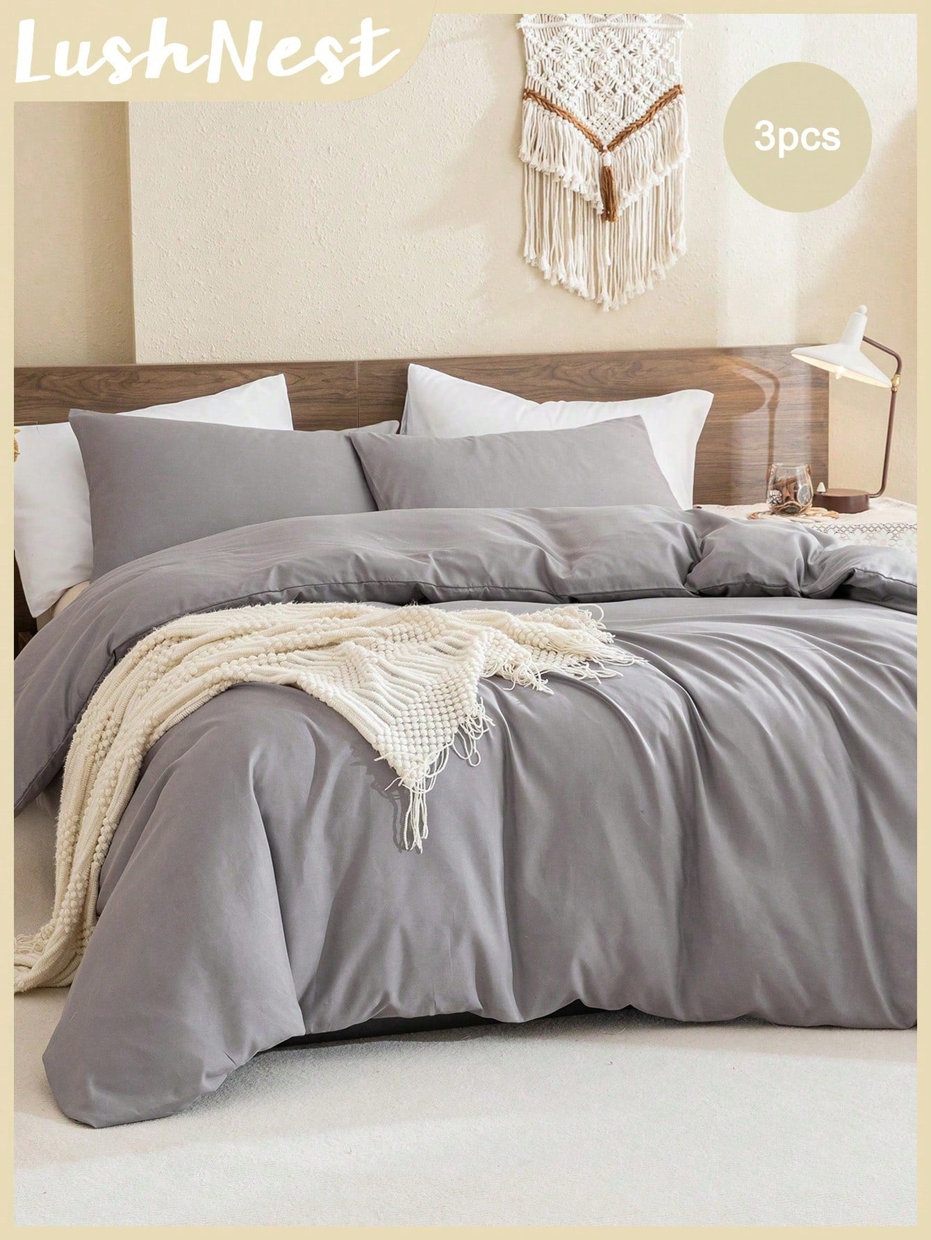 Grey Duvet Cover Set Boho Farmhouse Bedding Set 3 Pcs Solid Colour Super Soft Breathable Microfiber Duvet Cover Set (1 Duvet Cover + 2 Pillow Shams, No Filling) Gifts for Women&Men