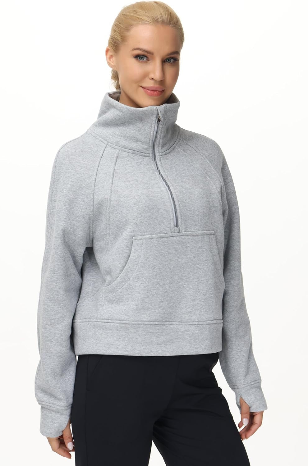 Womens' Half Zip Pullover Fleece Stand Collar Crop Sweatshirt with Pockets Thumb Hole