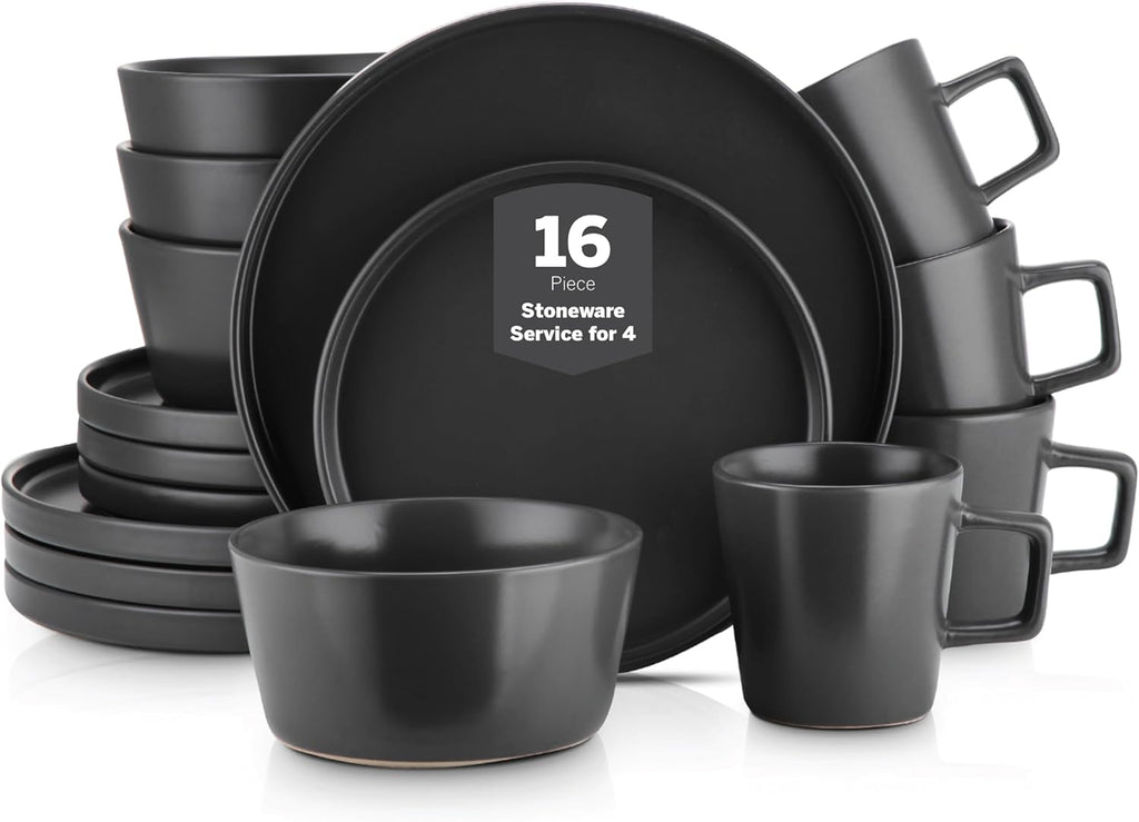 Celina Stoneware 16 Piece Dinnerware Set, Plates and Bowls, Black Matte Dish, Service for 4 – Minimalist round Style, Microwave & Dishwasher Safe
