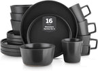 Celina Stoneware 16 Piece Dinnerware Set, Plates and Bowls, Black Matte Dish, Service for 4 – Minimalist round Style, Microwave & Dishwasher Safe
