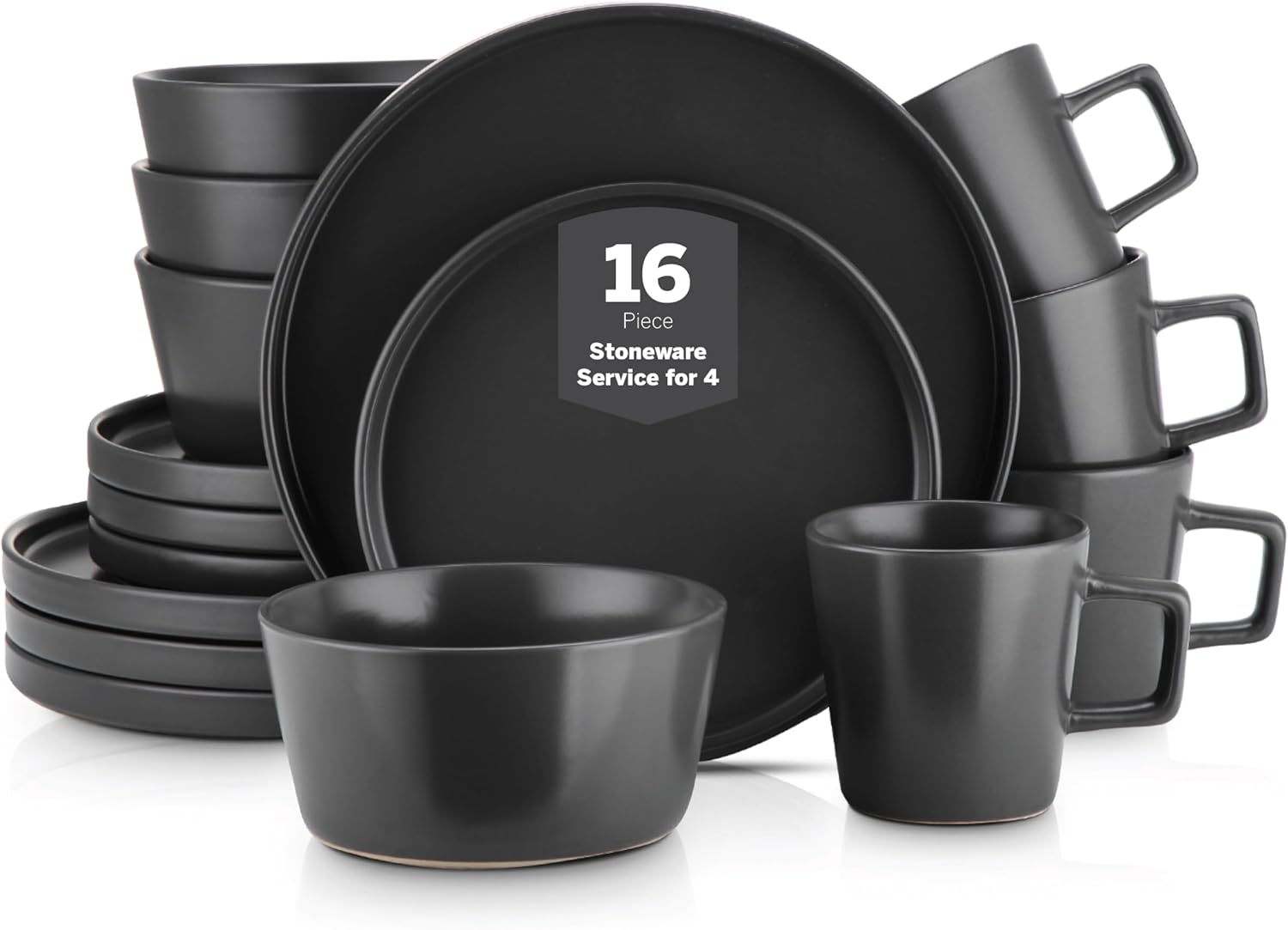 Celina Stoneware 16 Piece Dinnerware Set, Plates and Bowls, Black Matte Dish, Service for 4 – Minimalist round Style, Microwave & Dishwasher Safe