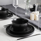 Celina Stoneware 16 Piece Dinnerware Set, Plates and Bowls, Black Matte Dish, Service for 4 – Minimalist round Style, Microwave & Dishwasher Safe