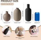 Ceramic Modern Farmhouse Vase, Neutral Small for Table, Living Room, Shelf, Bookshelf and Entryway Décor, Set of 3