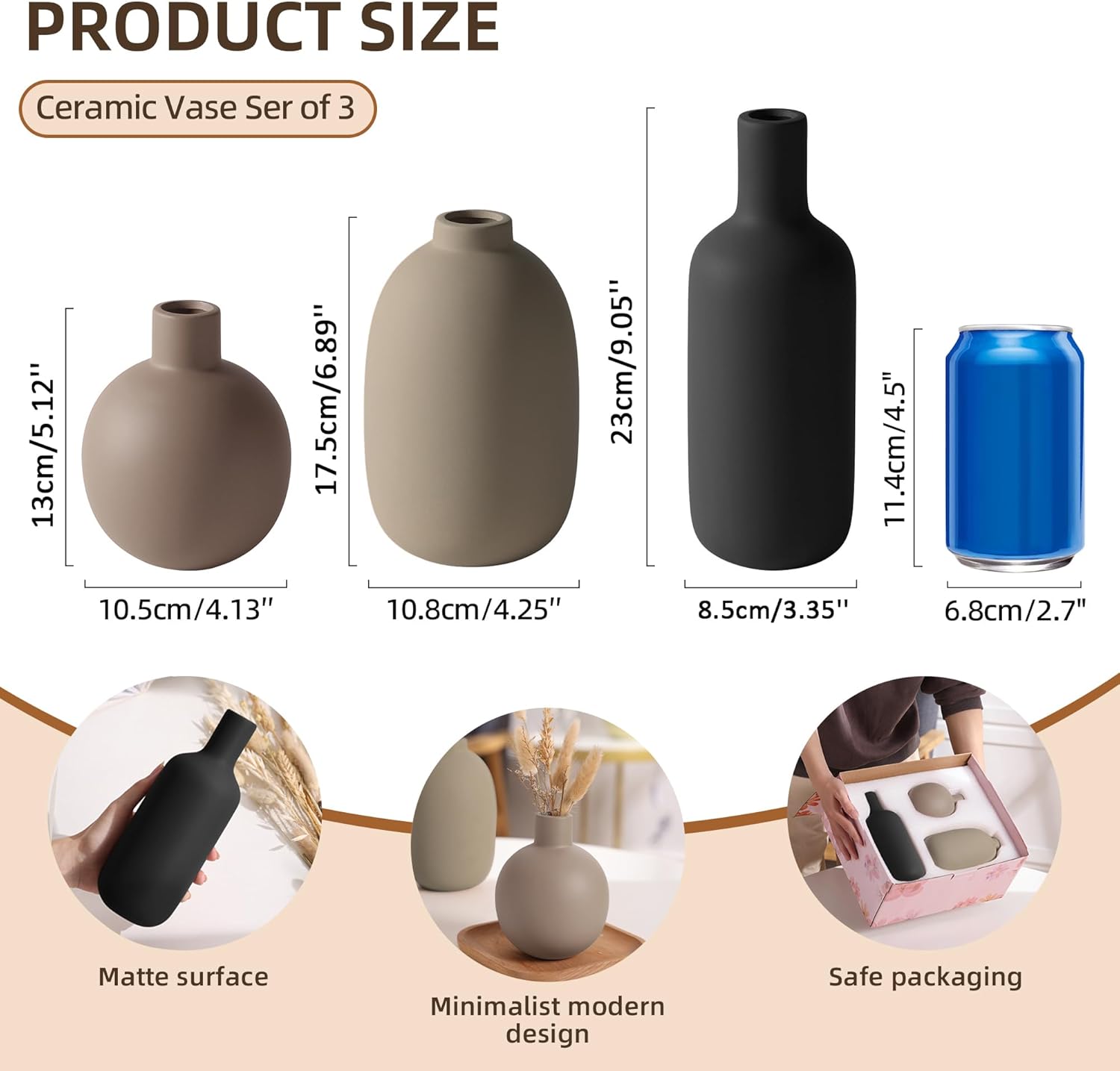 Ceramic Modern Farmhouse Vase, Neutral Small for Table, Living Room, Shelf, Bookshelf and Entryway Décor, Set of 3