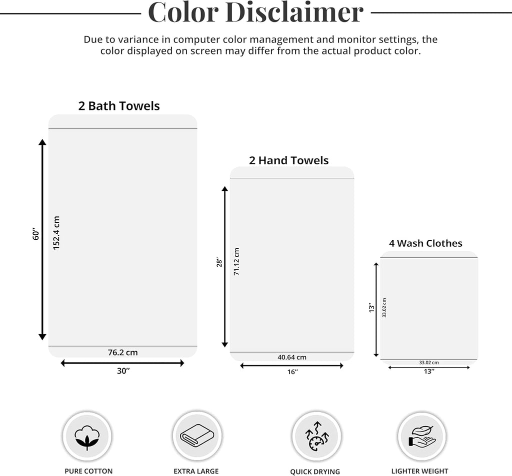 Pack of 8 Towels Set, 2 Extra Large Bath, 2 Hand, 4 Washcloths, 100% Cotton, Lighter Weight, Quicker to Dry, Super Absorbent, Perfect for Bathroom, Dark Grey