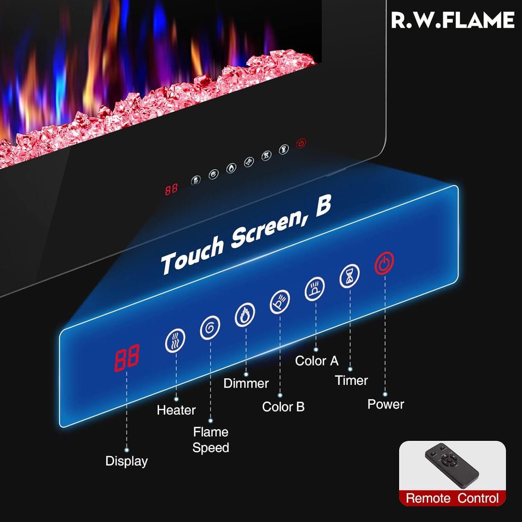 60" Recessed and Wall Mounted Electric Fireplace, Low Noise, Fit for 2 X 6 Stud, Remote Control with Timer, Touch Screen, Adjustable Flame Color and Speed, 750-1500W