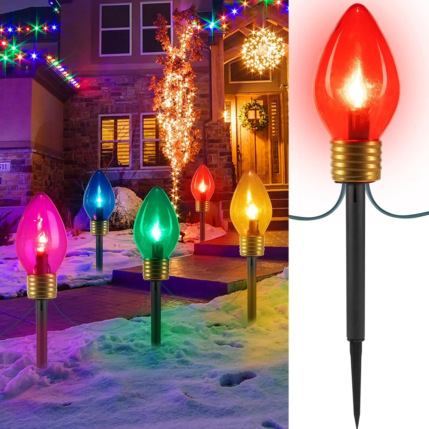 Jumbo C9 Christmas Lights Outdoor Decorations Lawn with Pathway Marker Stakes, 8.5 Feet LED Lights Covered Jumbo Multicolored Light Bulb for Holiday outside Yard Garden Decor, 5 Lights